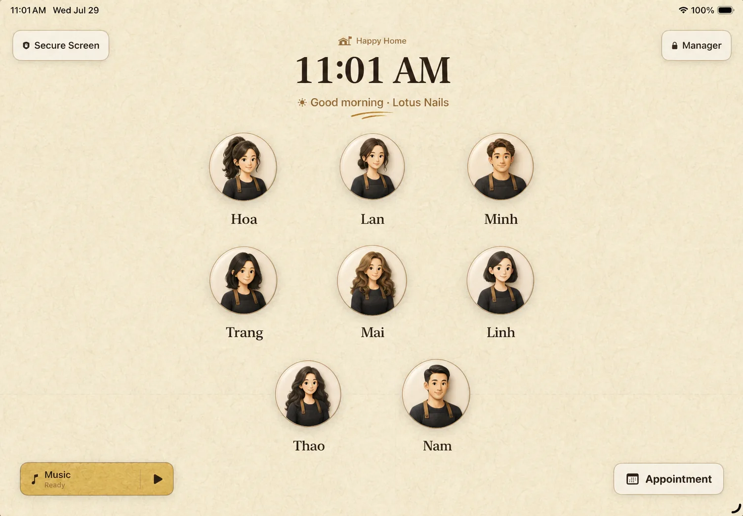 Actual Paybook iPad staff home screen with staff avatars and the Appointment button.