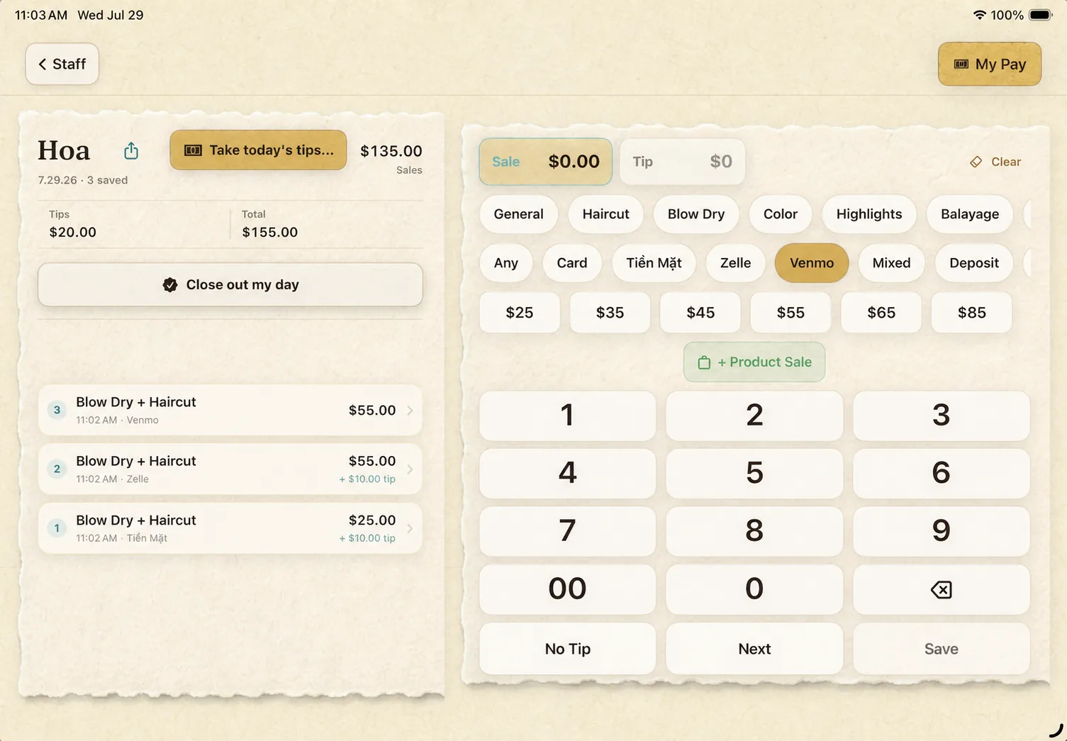 Actual Paybook iPad sale-entry screen with services, payment types, tip entry and the keypad.
